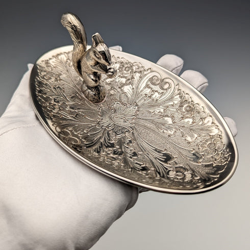 British Vintage Silver Plated Squirrel Decoration Oval Dish Seba